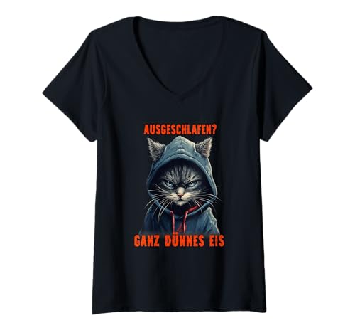 Damen Ausgeschlafen. Ganz dünnes Eis. Kaffee, Katzen und Koffein T-Shirt mit V-Ausschnitt von Crazy Coffee and Cats Designs