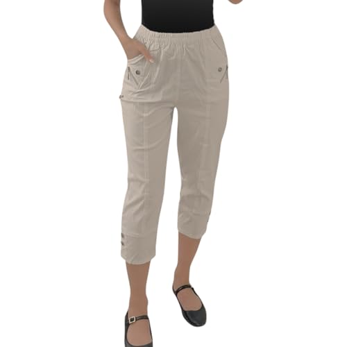 Crazy Fashion Damen Capri Dreiviertel Soft 3/4 Hose Damen Stretch Cropped Pull On Elastische Taille Shorts Plus Size Sommerhose für Damen EUR (Beige, 24) von Crazy Fashion