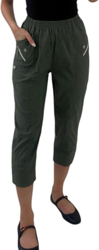 Crazy Fashion Damen Capri Dreiviertel Soft 3/4 Hose Damen Stretch Cropped Pull On Elastische Taille Shorts Plus Size Sommerhose für Damen EUR (Khaki, 20) von Crazy Fashion