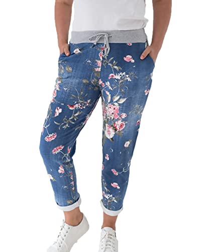 Crazy Fashion Damen Denim Jogger Stern Bedruckte Jogginghose Floral Gerippter Bund Lässiger Kordelzug Italienisches Fitnessstudio Laufen Jogging Yogahose ER Plus Size 34-48 von Crazy Fashion