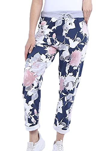 Crazy Fashion Damen Denim Jogger Stern Bedruckte Jogginghose Floral gerippte Gürtelhose Damen Lässige Sommer Italienische Gym Laufhose Plus Größe 34-52 (10, Rose Dark Denim) von Crazy Fashion