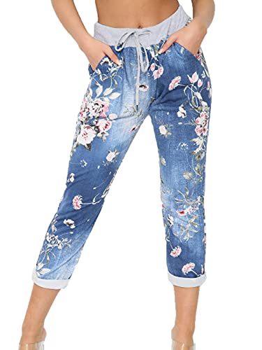 Crazy Fashion Damen Denim Jogger Stern Bedruckte Jogginghose Floral gerippte Gürtelhose Damen Lässige Sommer Italienische Gym Laufhose Plus Größe 34-52 (EUR 16, Dark Denim Floral) von Crazy Fashion