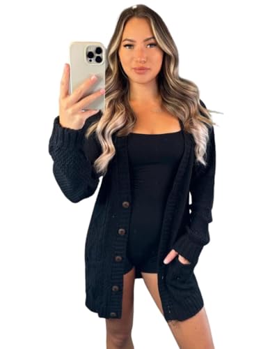 Crazy Fashion Damen Langarm Grandad Open Front Button Top Grobstrick Aran Zopfstrick Cardigan Damen Pullover Winterpullover Black 38-40 von Crazy Fashion