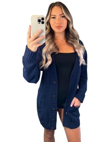 Crazy Fashion Damen Langarm Grandad Open Front Button Top Grobstrick Aran Zopfstrick Cardigan Damen Pullover Winterpullover Navy 42-44 von Crazy Fashion