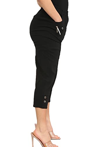 Damen Caprihose Damen Dreiviertel Weich 3/4 Damen Stretch Cropped Elastisch Hohe Taille Einfarbig Übergröße Sommerhose für Damen EUR 10-24 (Black, 10) von Crazy Fashion