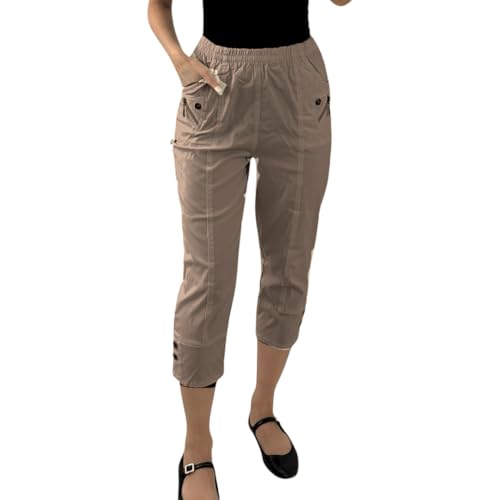 Damen Caprihose Damen Dreiviertel Weich 3/4 Damen Stretch Cropped Elastisch Hohe Taille Einfarbig Übergröße Sommerhose für Damen EUR 10-24 (Brown, 12) von Crazy Fashion