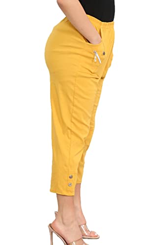 Damen Caprihose Damen Dreiviertel Weich 3/4 Damen Stretch Cropped Elastisch Hohe Taille Einfarbig Übergröße Sommerhose für Damen EUR 10-24 (Mustard, 24) von Crazy Fashion