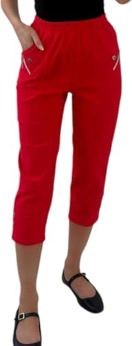 Damen Caprihose Damen Dreiviertel Weich 3/4 Damen Stretch Cropped Elastisch Hohe Taille Einfarbig Übergröße Sommerhose für Damen EUR 10-24 (Red, 10) von Crazy Fashion