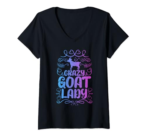 Damen Crazy Goat Lady Lustiges Bauernhof-Outfit mit Ziegen T-Shirt mit V-Ausschnitt von Crazy Goat Lady Goats Farmer Apparel Co