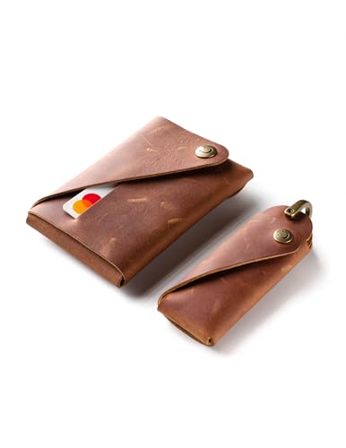 Crazy Horse Craft, Minimalistisches Portemonnaie und Schlüsselanhänger im Paket, Classic Brown Wallet and Large Key Holder Set von Crazy Horse Craft