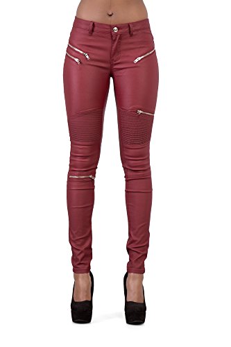 Crazy Lover Damen Kunstleder Leder Look Hosen Damen Biker Stretch Coated (38, Biker Burgund) von Crazy Lover