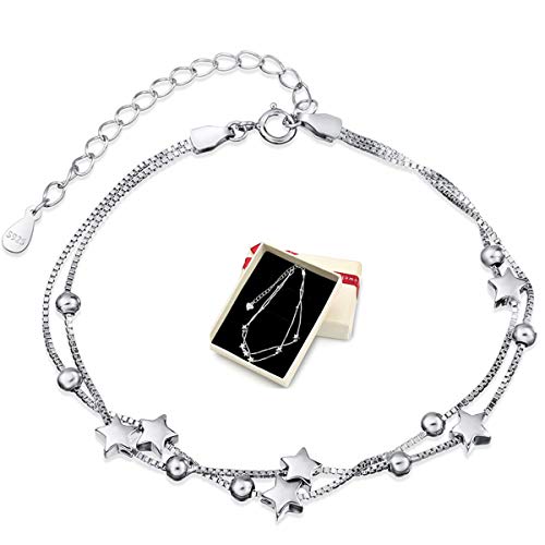Crazy-M Damen Armband Elegant Perlen 925 Silber und Stern Double Layered Armkettchen mit 925 Sterling Silber Armband Armkette Armbänder Liebe Armbänder mit Schmuckverpackung von Crazy-M