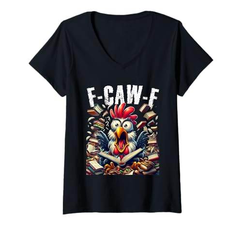 Damen Buch Lesen F-CAW-F Lustiges Huhn Schrei Humor T-Shirt mit V-Ausschnitt von Crazy Screaming Chicken Farm Joke