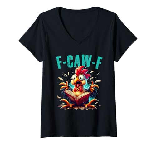 Damen Buch Lesen F-CAW-F Lustiges Huhn Schrei Humor T-Shirt mit V-Ausschnitt Damen Buch Lesen F-CAW-F Lustiges Huhn Schrei Humor T-Shirt mit V-Ausschnitt von Crazy Screaming Chicken Farm Joke