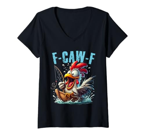 Damen Fishing F-CAW-F Lustiges Huhn Scream Humor T-Shirt mit V-Ausschnitt Damen Fishing F-CAW-F Lustiges Huhn Scream Humor T-Shirt mit V-Ausschnitt von Crazy Screaming Chicken Farm Joke