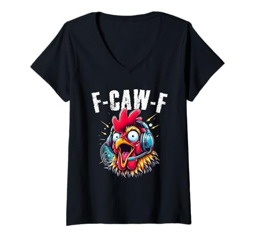 Damen Gaming F-CAW-F Lustiger Chicken Scream Gamer-Humor T-Shirt mit V-Ausschnitt von Crazy Screaming Chicken Farm Joke
