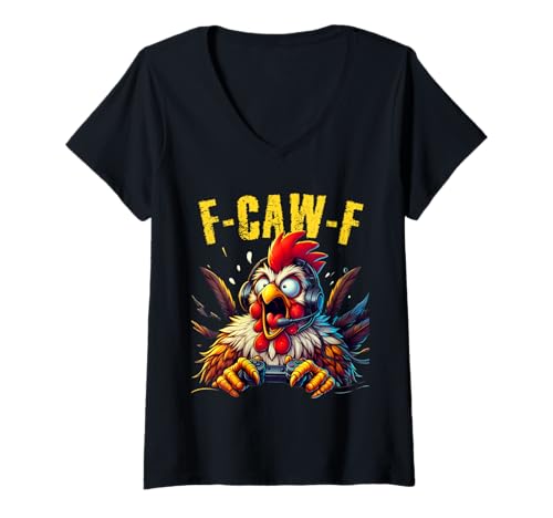 Damen Gaming F-CAW-F Lustiger Chicken Scream Gamer-Humor T-Shirt mit V-Ausschnitt von Crazy Screaming Chicken Farm Joke
