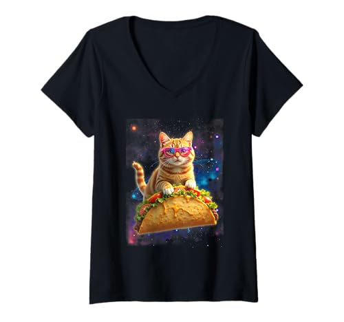 Damen Crazy Space Taco Cat Astronaut Cat Ride Tacos Cinco De Mayo T-Shirt mit V-Ausschnitt Damen Crazy Space Taco Cat Astronaut Cat Ride Tacos Cinco De Mayo T-Shirt mit V-Ausschnitt von Crazy Space Taco Cat Astronaut Cat Ride Tacos