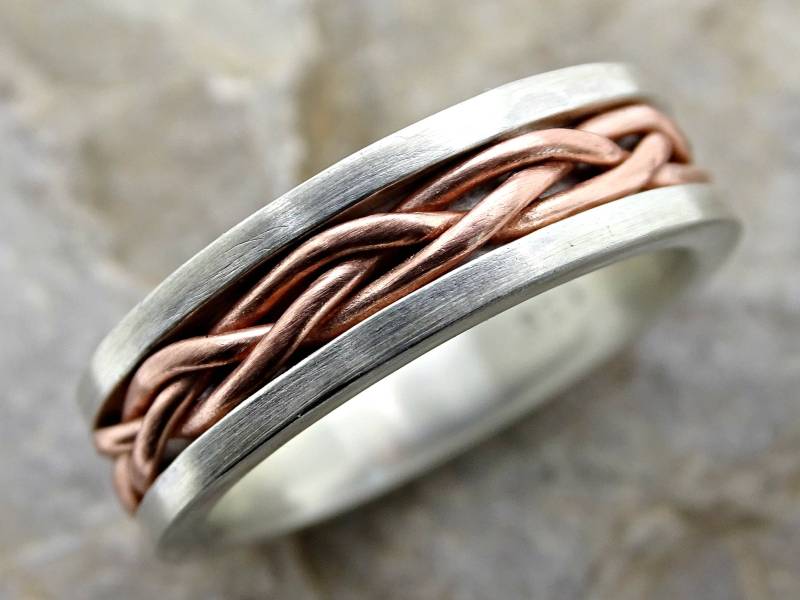 Kupfer-Silber Ring Geflochten, Flechtring Silber, Mixed Metal Ring, Trauring Rustikal Herrenring, Unikat Ehering Geschenk Jahrestag von CrazyAssJD