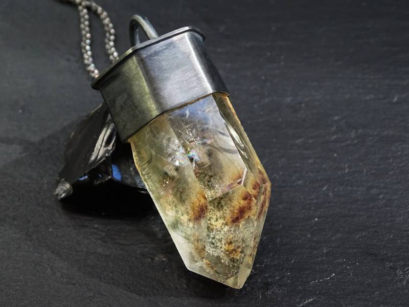 Große Garten Quarz Halskette Schwarzer Sterling Silber Lodolith Kristall Anhänger von CrazyAssJewelry