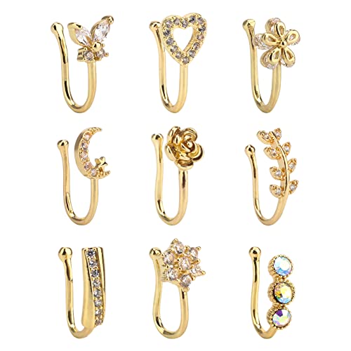 CrazyPiercing Fake Nasenring CZ African Nose Cuffs Gold Faux Septum Nose Rings Clip on Nose Jewelry for Women Non Pierced Jewelry (9 Stück) von CrazyPiercing
