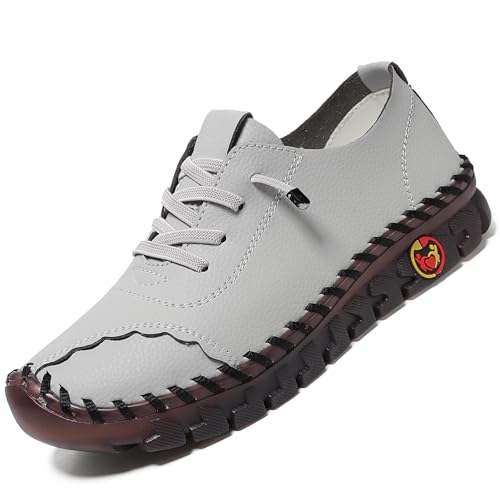 CrazySavage Damen Casual Leder Flats Schuhe Komfort Handgefertigt Weiche Unterseite Slip-on Loafer Atmungsaktiv Rutschfest Runde Zehen Mode Fahren Walking Schuhe, GRAU, 38.5 EU von CrazySavage