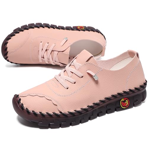 CrazySavage Damen Casual Leder Flats Schuhe Komfort Handgefertigt Weiche Unterseite Slip-on Loafer Atmungsaktiv Rutschfest Runde Zehen Mode Fahren Walking Schuhe, Pink, 41 EU von CrazySavage