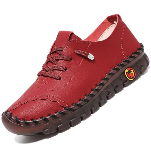 CrazySavage Damen Casual Leder Flats Schuhe Komfort Handgefertigt Weiche Unterseite Slip-on Loafer Atmungsaktiv Rutschfest Runde Zehen Mode Fahren Walking Schuhe, Rot/Ausflug, einfarbig (Getaway von CrazySavage