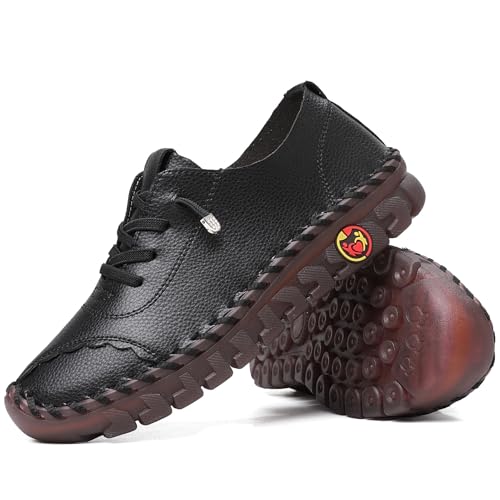 CrazySavage Damen Casual Leder Flats Schuhe Komfort Handgefertigt Weiche Unterseite Slip-on Loafer Atmungsaktiv Rutschfest Runde Zehen Mode Fahren Walking Schuhe, Schwarz, 39.5 EU von CrazySavage