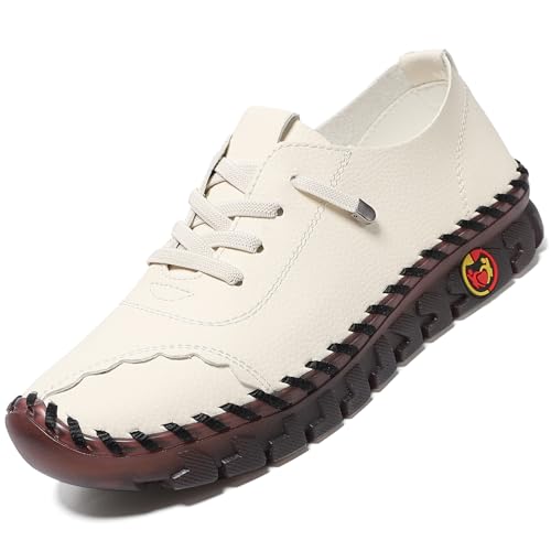 CrazySavage Damen Casual Leder Flats Schuhe Komfort Handgefertigt Weiche Unterseite Slip-on Loafer Atmungsaktiv Rutschfest Runde Zehen Mode Fahren Walking Schuhe, Weiss/opulenter Garten, 42 EU von CrazySavage
