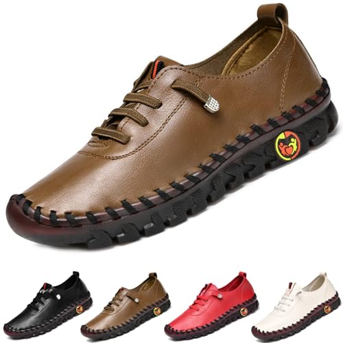 CrazySavage Damen Leder Weiche Rindersehne Flache Unterseite Slipper Handgemachte Runde Zehen Rutschfest Atmungsaktiv Mama Freizeit Walk Schuhe, Braun, 41 EU von CrazySavage