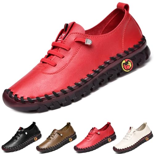 CrazySavage Damen Leder Weiche Rindersehne Flache Unterseite Slipper Handgemachte Runde Zehen Rutschfest Atmungsaktiv Mama Freizeit Walk Schuhe, Rot/Ausflug, einfarbig (Getaway Solids), 37.5 EU von CrazySavage