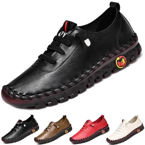 CrazySavage Damen Leder Weiche Rindersehne Flache Unterseite Slipper Handgemachte Runde Zehen Rutschfest Atmungsaktiv Mama Freizeit Walk Schuhe, Schwarz, 34 EU von CrazySavage