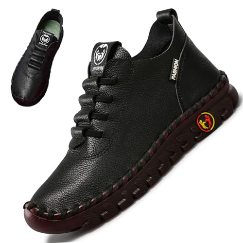 CrazySavage Damen Leder Weiche Rindersehnenunterseite Flache Loafers Freizeit Slip Ons Handgemachte Orthopädische Runde Zehen Atmungsaktiv Rutschfest Mama Walking Shoe, Schwarz, 39.5 EU von CrazySavage