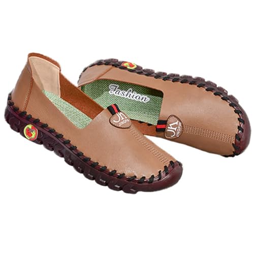Damen Leder Soft Bottom Beef Tendon Flat Loafers Handmade Slip On Breathable Round Head Non-Slip Mom Wedge Leisure Shoes, Braun B, 36 EU von CrazySavage