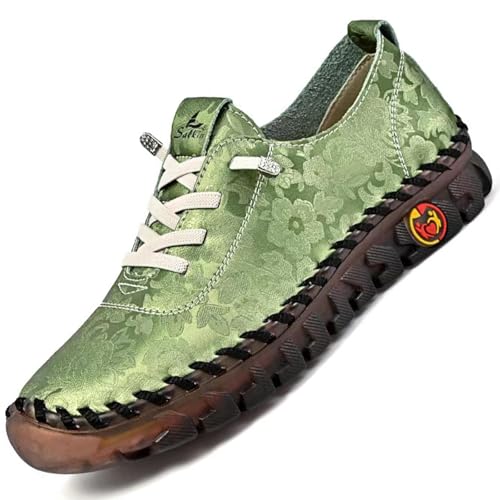 Damen Leder Soft Bottom Beef Tendon Flat Loafers Handmade Slip On Breathable Round Head Non-Slip Mom Wedge Leisure Shoes, Grün bedruckt, 36 EU von CrazySavage