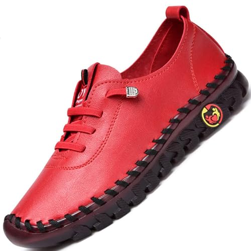 Damen Leder Soft Bottom Beef Tendon Flat Loafers Handmade Slip On Breathable Round Head Non-Slip Mom Wedge Leisure Shoes, Rot/Ausflug, einfarbig (Getaway Solids), 39.5 EU von CrazySavage