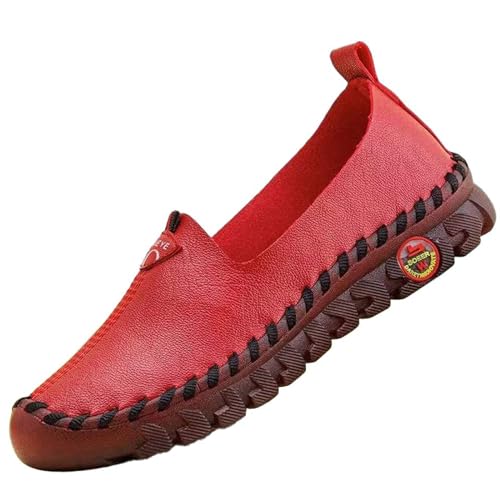 Damen Leder Soft Bottom Beef Tendon Flat Loafers Handmade Slip On Breathable Round Head Non-Slip Mom Wedge Leisure Shoes, Rot (Red B), 37.5 EU von CrazySavage