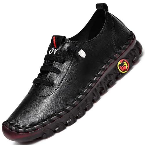 Damen Leder Soft Bottom Beef Tendon Flat Loafers Handmade Slip On Breathable Round Head Non-Slip Mom Wedge Leisure Shoes, Schwarz, 37.5 EU von CrazySavage