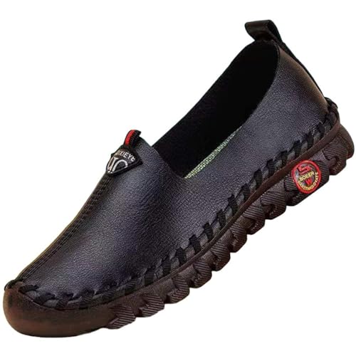 Damen Leder Soft Bottom Beef Tendon Flat Loafers Handmade Slip On Breathable Round Head Non-Slip Mom Wedge Leisure Shoes, Schwarz (B), 39.5 EU von CrazySavage