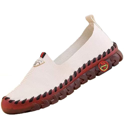 Damen Leder Soft Bottom Beef Tendon Flat Loafers Handmade Slip On Breathable Round Head Non-Slip Mom Wedge Leisure Shoes, Weiß B, 37.5 EU von CrazySavage