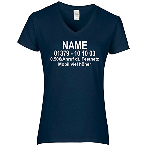 Damen V-Ausschnitt T-Shirt Dschungel Camp Wunschname Wunschnummer DSCHUNGELCAMP (L, Dunkelblau/Druck Vorne) von CrazyShirt