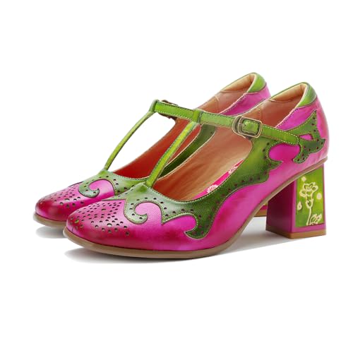 Crazycat Damen Leder Schuhe Bride Pumps Floral - Absatz Mary Jane Schuhe mit Vintage Buntem Design, Adult Damengröße EU 42, Numerisch geräumt von CrazycatZ