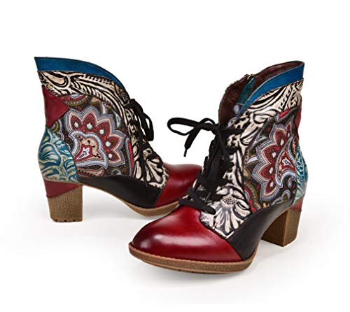 CrazycatZ Damen Fur Lined Stiefeletten mit Absatz Leder Chelsea Kurze Stiefel Handgefertigte Gestickt Bunte Patchwork Gestickte Blumen Vintage Stiefeletten (38 EU, Dark RED) von CrazycatZ