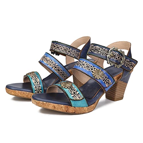 CrazycatZ Damen Leder Bohemian Heeled Sandals bunten Blockabsatzschuhen Peeptoe Sandalen (Blue, numeric_37) von CrazycatZ