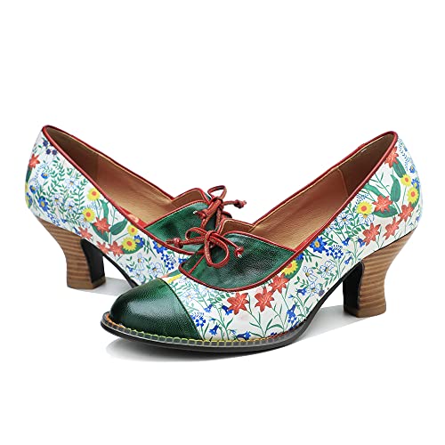 CrazycatZ Damen Leder Bunte Mary Jane Schuhe mit Schleife, Vintage Patchwork Mary Janes Pumps (2102, eu_Footwear_Size_System, Adult, Women, Numeric, medium, Numeric_37) von CrazycatZ