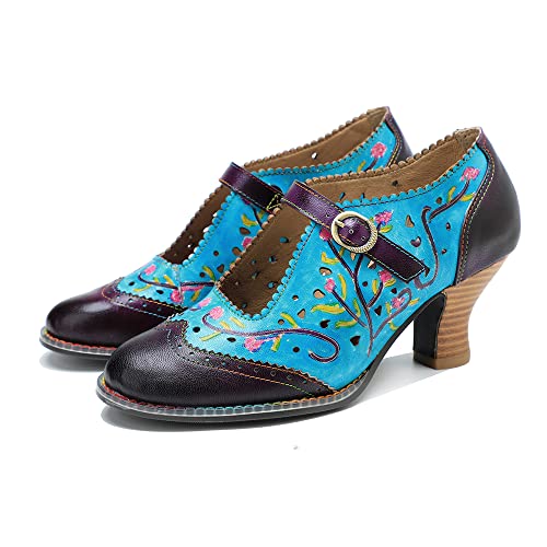 CrazycatZ Damen Leder Bunte Mary Jane Schuhe mit Schleife, Vintage Patchwork Mary Janes Pumps (2503, eu_Footwear_Size_System, Adult, Women, Numeric, medium, Numeric_37) von CrazycatZ