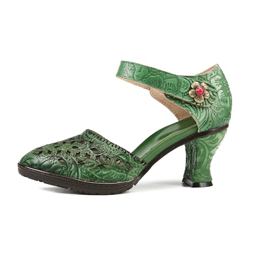 CrazycatZ Damen Leder Bunte Mary Jane Schuhe mit Schleife, Vintage Patchwork Mary Janes Pumps (Green, Erwachsene, Damen, 39, Numerisch, EU Schuhgrößensystem, M) von CrazycatZ