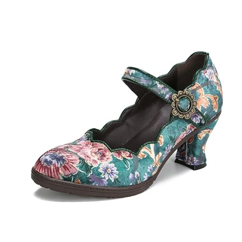 CrazycatZ Damen Leder Bunte Mary Jane Schuhe mit Schleife, Vintage Patchwork Mary Janes Pumps (Green Floral, eu_Footwear_Size_System, Adult, Women, Numeric, medium, Numeric_40) von CrazycatZ