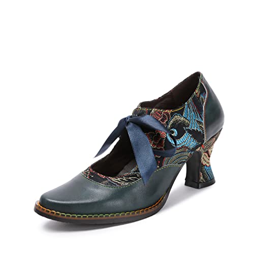 CrazycatZ Damen Leder Bunte Mary Jane Schuhe mit Schleife, Vintage Patchwork Mary Janes Pumps (Navy, Numeric_37) von CrazycatZ